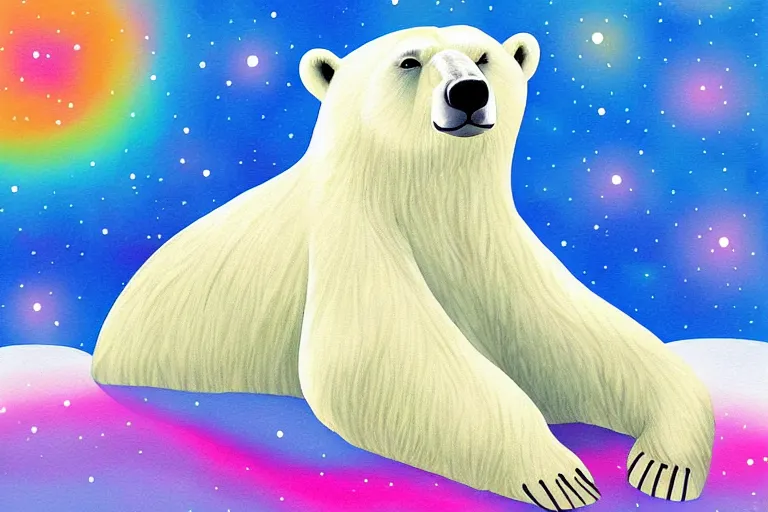 Image similar to a relaxed polar bear looking to the sky by lisa frank, digital art,