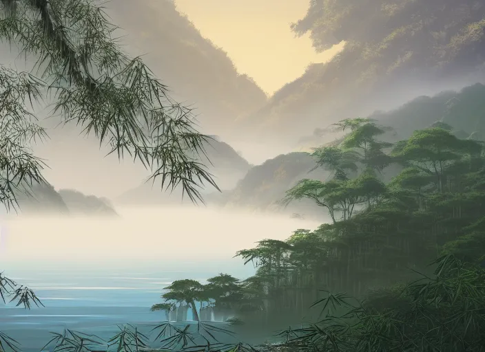 Image similar to misty japanese bamboo forest, lake foreground, large distant mountain, waterfall!!!!!, sunny, cartoony, stylized anime, sun rays, soft, moody lighting, by hayao miyazaki, ghibli studio, makoto shinkai, toei animation, studio trigger, trending on artstation, 4 k, hd