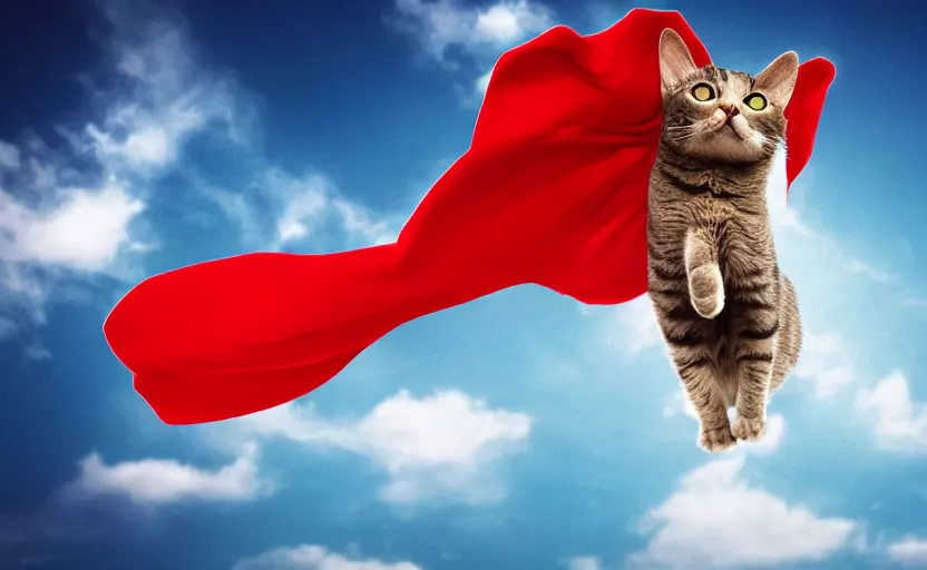 Prompt: cat with a red cape flying through the sky in a superman pose