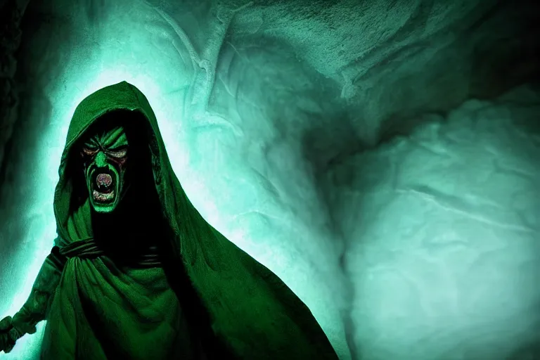 Image similar to vfx film, soul reaver, raziel irl, price of persia movie, missing jaw, hero pose, devouring magic souls, scarf, hood, glowing green soul blade, in epic ancient sacred huge cave temple, flat color profile low - key lighting award winning photography arri alexa cinematography, hyper real photorealistic cinematic beautiful, atmospheric cool colorgrade