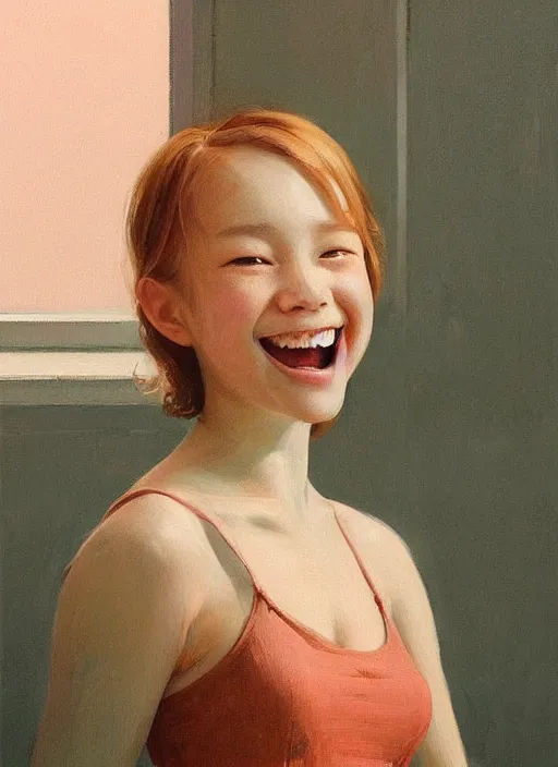 Image similar to epic portrait of a girl deemed beautiful by western standard unnaturally wide smile, horror smile, soft edges, dewy skin, painting, warm lighting, greg rutkowski, by kawase hasui, moebius and edward hopper, vivid bright light, colorful flat surreal design, hd, 4 k, artstation