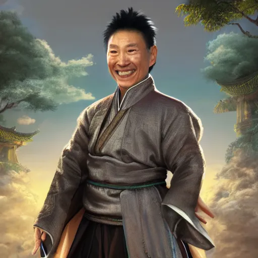 Image similar to portrait painting of a 6 0 year old smile handsome taoist priest, silver ponytail hair, amiable by yangjun chen, huang guangjian, fenghua zhong, wenjun lin, nadar, bright colors, octopath traveler, unreal engine 5 highly rendered, global illumination, radiant light, detailed and intricate environment