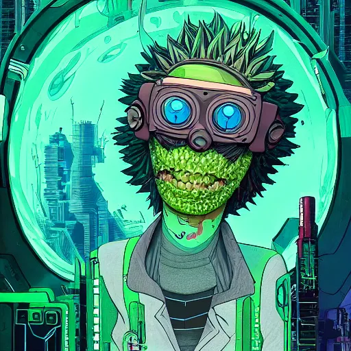 Image similar to pickle rick sanchez cyberpunk portrait by gaston bussierre and charles vess and james jean and erik jones and rhads, inspired by ghost in the shell, beautiful fine face features, intricate high details, sharp, ultradetailed