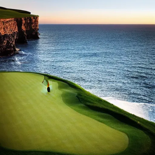 Prompt: a great photo from the teebox of the most amazing golf hole in the words, cliffs by the sea, perfect green fairway, ambient light