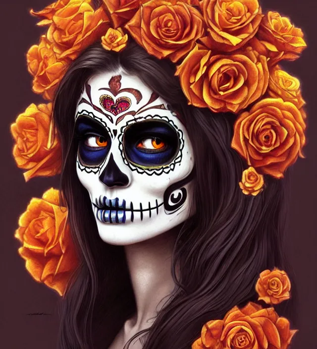 Prompt: 1 9 7 0 sugar skull day of the dead beautiful hispanic girl, amber eyes, face, long hair, fantasy, intricate, elegant, highly detailed, digital painting, artstation, concept art, smooth, sharp focus, illustration, art by artgerm and greg rutkowski and alphonse mucha