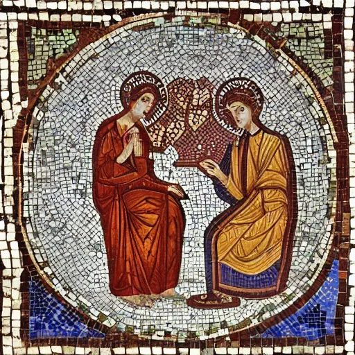 Image similar to intricate love story, byzantine mosaics art