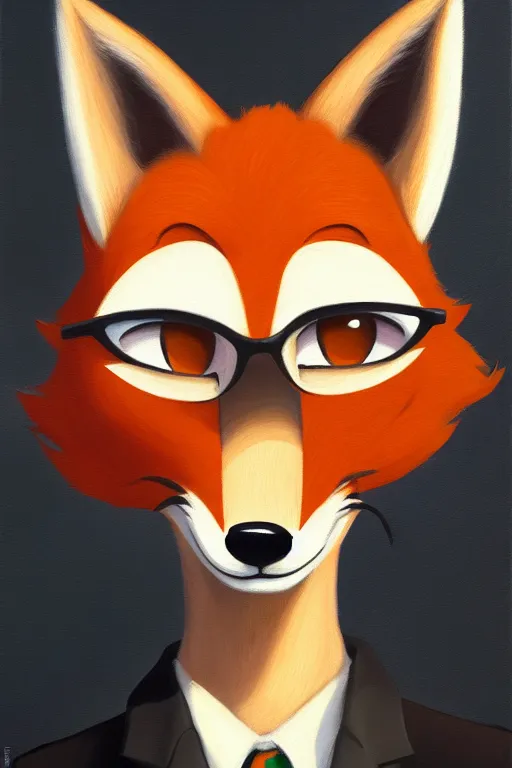 Prompt: oil painting of anthromorphic female fox, in style of zootopia, female fursona, furry, furaffinity, 4 k, deviantart, furry art, fursona art, wearing black business suit, business suit, fox fursona, female, smug expression,