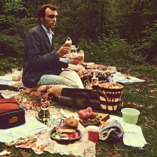 Prompt: ted bundy having a picnic at bohemian grove