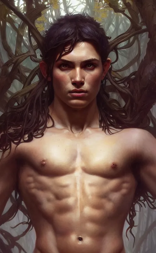 Image similar to young god of the forest, male, gorgeous, detailed face, clear face, amazing, muscular, intricate, highly detailed, digital painting, artstation, concept art, sharp focus, illustration, art by greg rutkowski and alphonse mucha