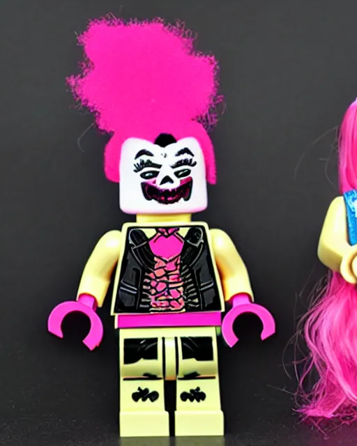 Image similar to a minifigure of a goth girl wearing pink, icp juggalo clown make up