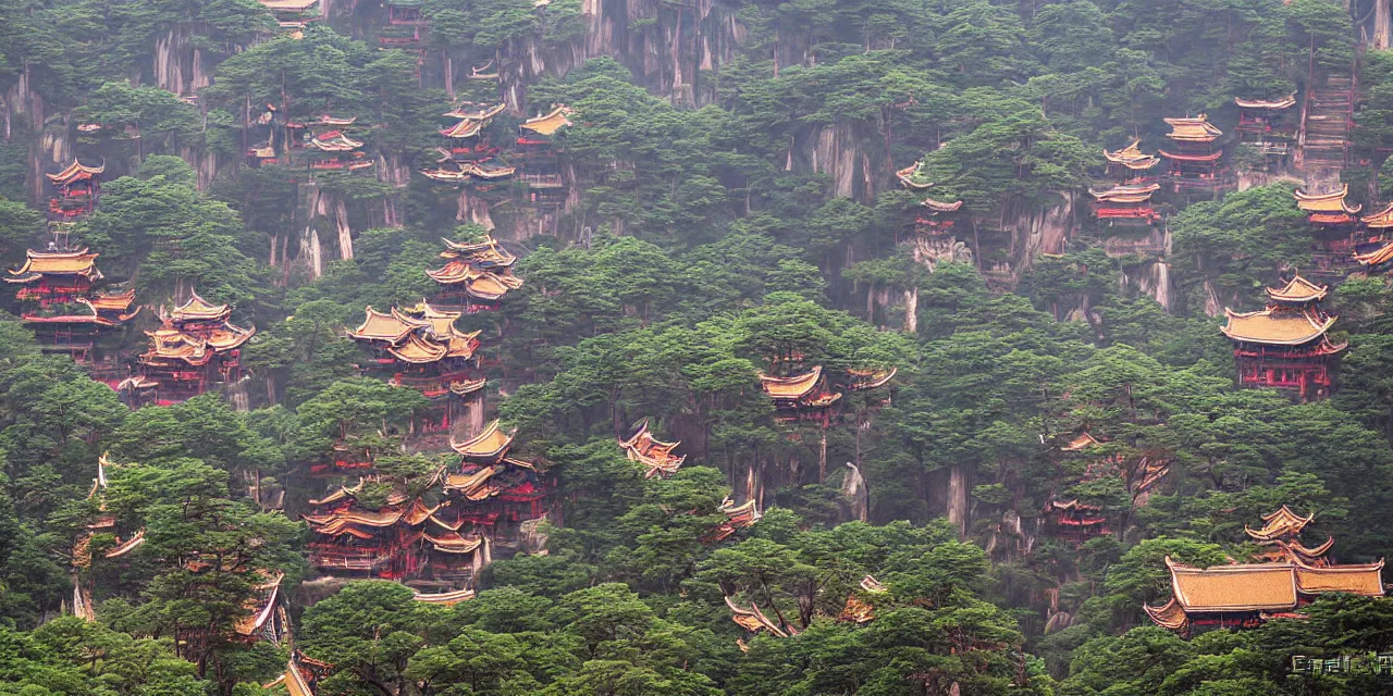 Prompt: huangshan with buddhist dwellings by wang jian