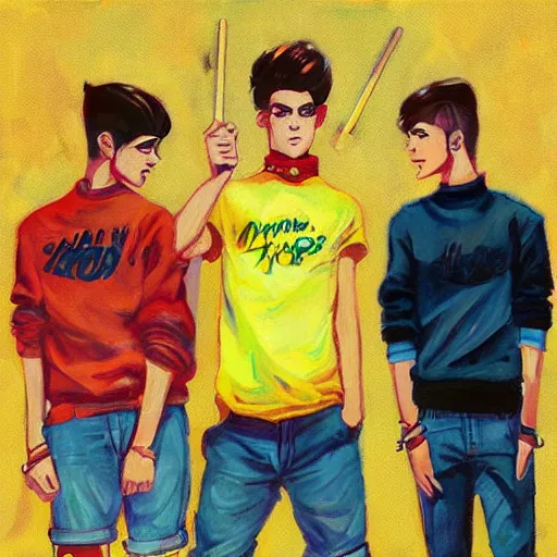 Image similar to a painting of three male teenagers with rockabilly haircuts holding yellow ice pops and looking at women in the streets high details by ross tran