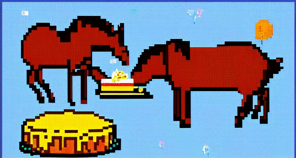 Prompt: Stallion eating cake, pixel art, 16 bit