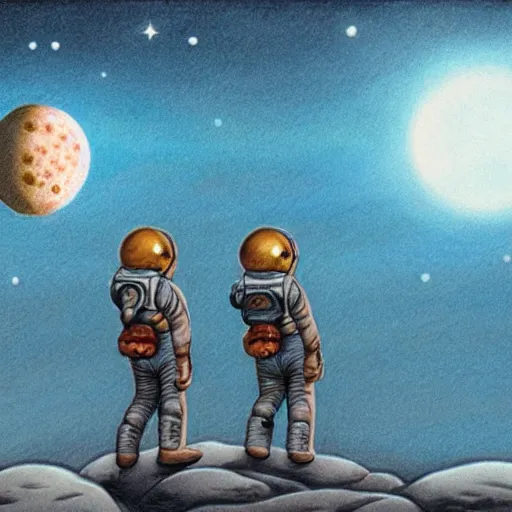 Prompt: Drawing. A beatiful illustration of a planet with two moons in the background. In the foreground, there is a woman wearing a spacesuit and holding a phaser. She is standing on a rocky surface, and there is a ship in the distance. pencil sketch by Steve Argyle, by Mark Ryden composed, lines