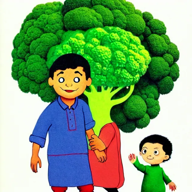 Prompt: professional kids book illustration of a Pakistani !!toddler!! boy walking with a friendly anthropomorphic broccoli, best on artstation,, astonishing, impressive, outstanding, cheerful, stunning, masterpiece by Maurice Sendak, Eric Carle, and Beatrix Potter.