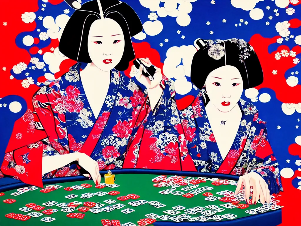 Image similar to hyperrealistic composition of the detailed single woman in a japanese kimono sitting at a extremely detailed poker table with hyperdetailed darth vader, fireworks, mountain fuji on the background, pop - art style, jacky tsai style, andy warhol style, acrylic on canvas