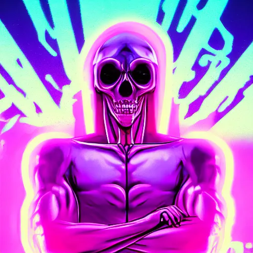 Image similar to skeletor cbum, portrait, vaporwave, synthwave, neon, vector graphics, cinematic, volumetric lighting, f 8 aperture, cinematic eastman 5 3 8 4 film