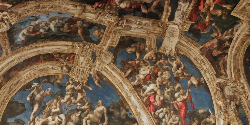 Prompt: intricate 2 1 savage sistine ceiling 1 5 0 8 chapel hand painting michelangelo renaissance