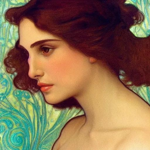 Image similar to a closeup portrait of a young natalie portman, hair in arabesque forms, art nouveau, jugendstil, decorative background, painted by alphonse mucha and klimt