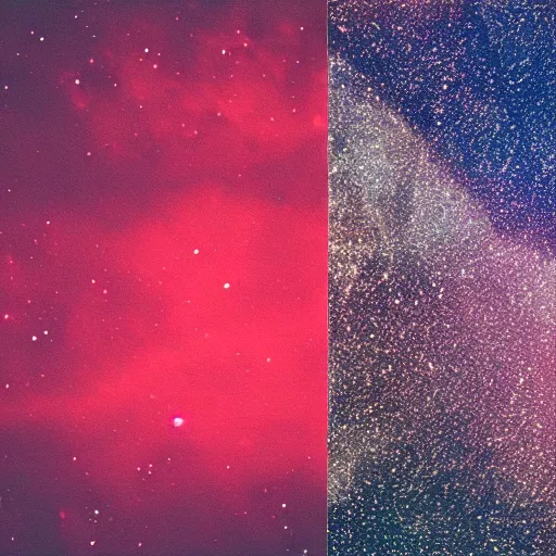 Prompt: celestial photography by letting undeveloped photographic paper lay in the night sky, experimental photography, red sheen, stars are tiny dots