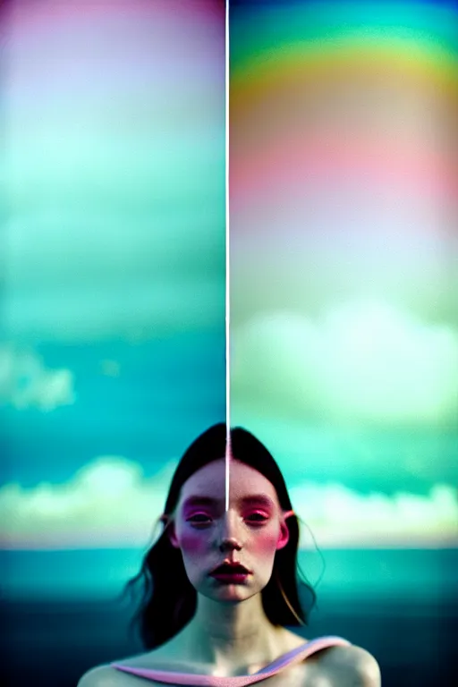 Image similar to high quality pastel coloured film close up wide angle photograph of a model wearing clothing swimming on cloud furniture in a icelandic black rock!! environment in a partially haze filled dreamstate world. three point light, rainbow. photographic production. art directed. pastel colours. volumetric clouds. pastel gradient overlay. waves glitch artefacts. extreme facial clarity. 8 k. filmic.