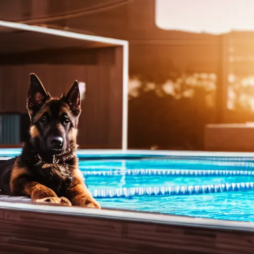 Prompt: a swanky gsd puppy relaxing at the pool on a penthouse rooftop with a futuristic blimp anchor in the background, 8K, 4K, UE5, Octane, RTX, Ray Tracing, Bokeh, happeening