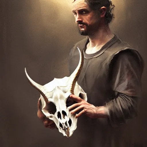 Prompt: man with goat horns holding an animal skull, style of da vinci, fantasy illustration, by greg rutkowski