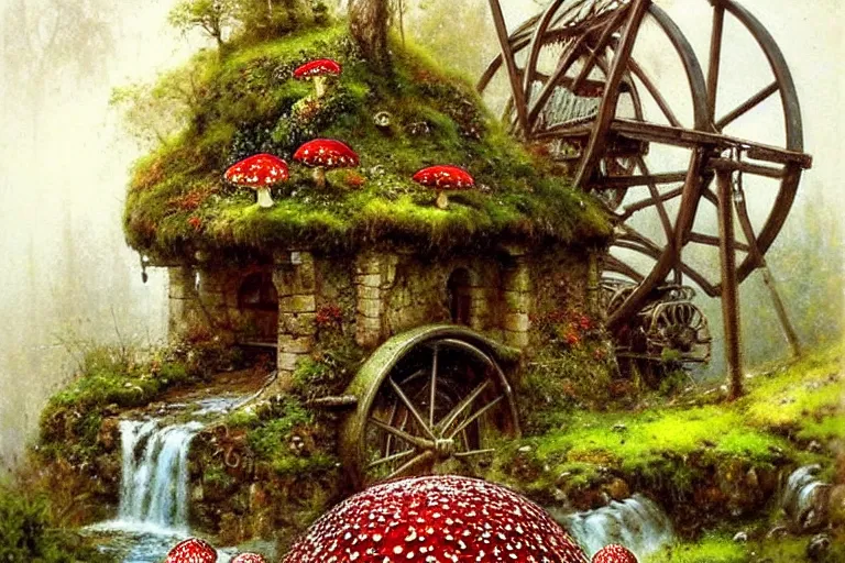 Prompt: adventurer ( ( ( ( ( 1 9 5 0 s retro future waterwheel and mill in forrest of giant mushrooms, moss and flowers stone bridge waterfall. muted colors. ) ) ) ) ) by jean baptiste monge!!!!!!!!!!!!!!!!!!!!!!!!! chrome red