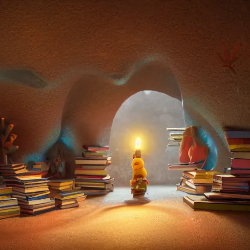 Image similar to books cave, 3 d render, incredible details, highly detailed, photorealistic, disney pixar, smooth, octane render, iridescent, 8 k