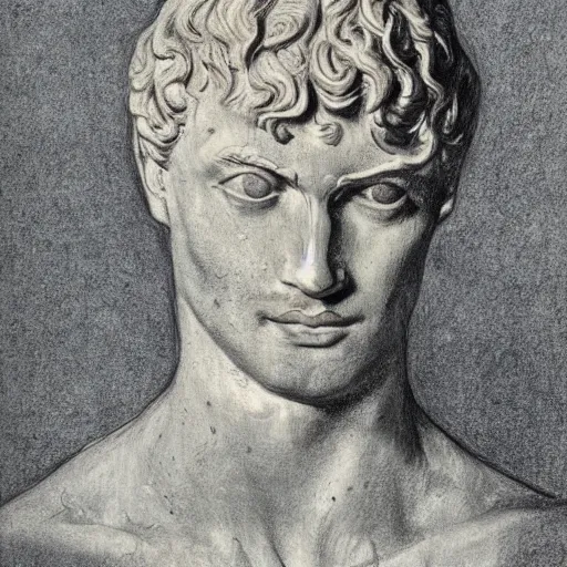 Image similar to a broken statue of david, broken head, cracked head, realism drawing