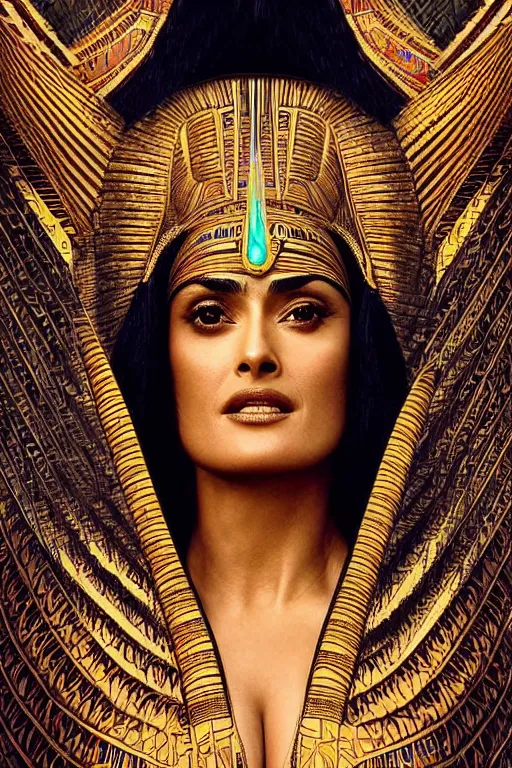 Image similar to Portrait of Salma Hayek as Cleopatra, intricate art deco leaf designs, elegant, highly detailed Egyptian patterns, hieroglyph, sharp focus, art by Artgerm and beeple