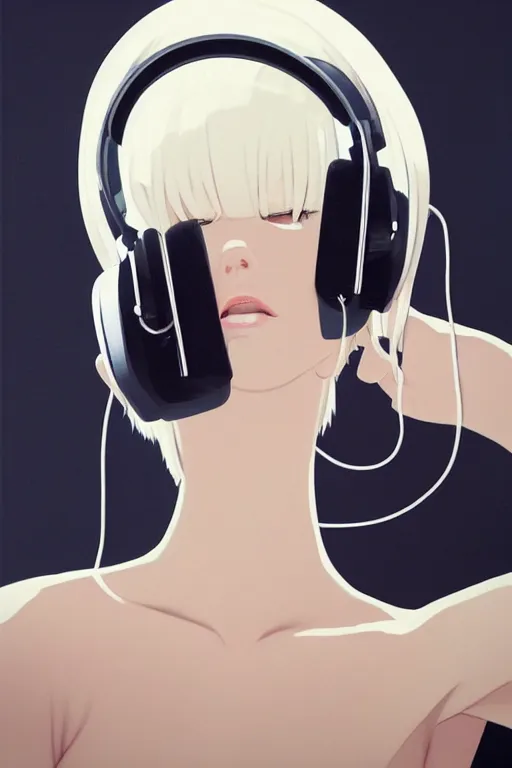 Prompt: a cute young woman listening to music with her eyes closed and wearing headphones by Ilya Kuvshinov and Range Murata, white bob cut hair, steampunk setting, black and brass, soft lighting, atmospheric, cinematic, moody, oil on canvas, 8k