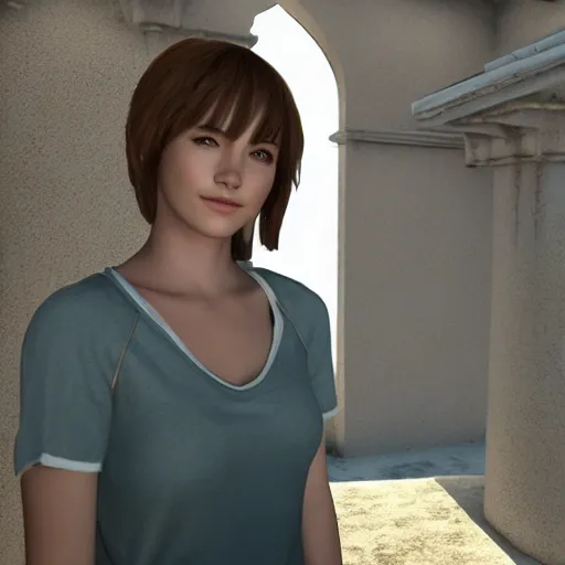 Image similar to A 3D render of Max Caulfield on the balcony of a castle