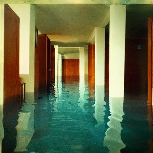 Image similar to a flooded hotel hallway leading to an indoor pool, polaroid, liminal space, surreal,