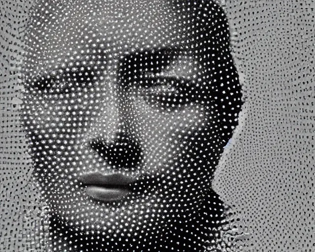 Prompt: a black and white photo of a woman's face surrounded by balls, an ambient occlusion render by Dora Maar, zbrush central, pointillism, ambrotype, marble sculpture, germaine krull,movie still, grotesque