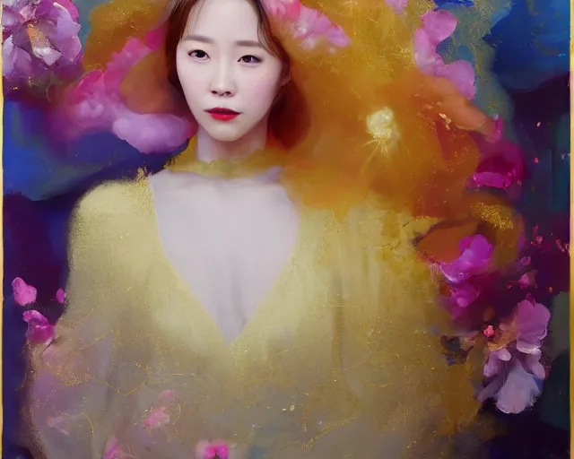 Image similar to lee jin - eun in elegant chic interstellar lush dress emerging from gold gold by martine johanna, michael garmash and katsuhiro otomo, rule of thirds, seductive look, beautiful, cotton candy clouds, puyallup berteronian, himalayan poppy flowers, gorgeous, face anatomy, masterpiece, refined, cute complexity