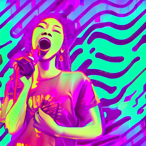 Prompt: beautiful blasian woman holding microphone and yelling, hip hop vaporwave, abstract background, neon, photo, detailed, 4k