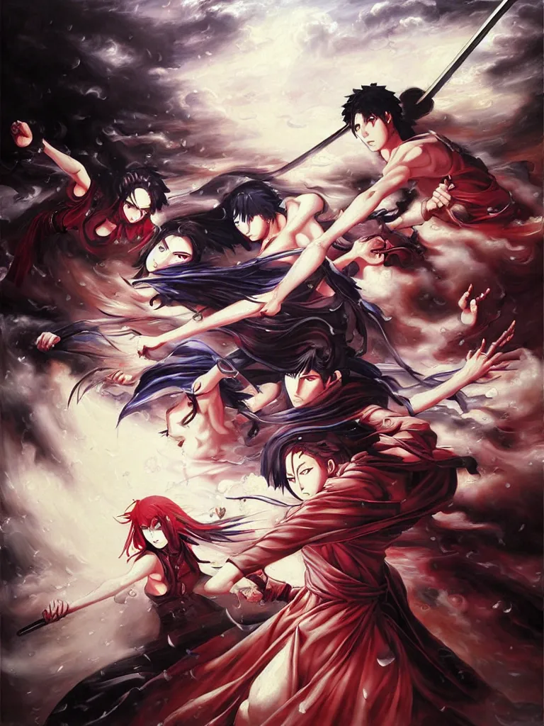 Image similar to baroque oil painting of key visual kunoichi fight, rain, brutalist fantasy, style of makoto shinkai takashi takeuchi yoshiyuki sadamoto, fate stay night