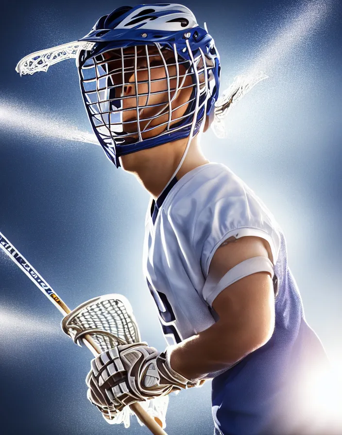 Image similar to closeup portrait of very beautiful cute male lacrosse player in a penn state stadium, glamour pose, particle effects, backlit, highly detailed, soft ambient lighting, sharp focus, rule of thirds, artgerm, wlop, arney freytag, rossdraws, frank frazetta, andrei riabovitchev, hd, octane, 4 k