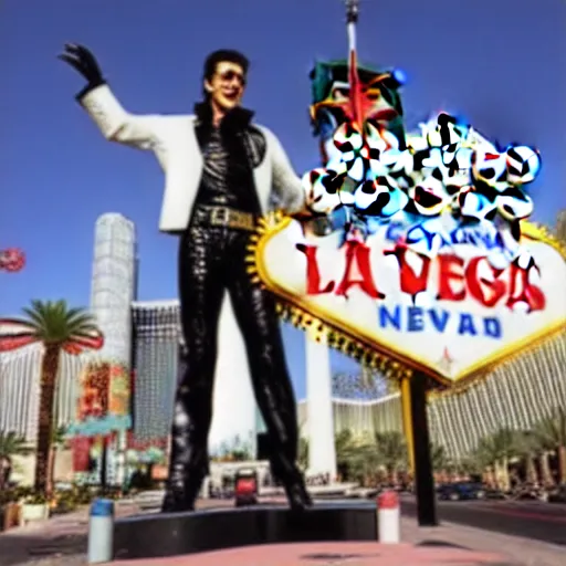 Prompt: Giant Elvis Presley towering over Las Vegas