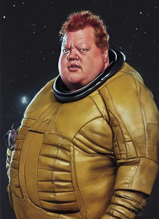 Prompt: upper body portrait of baron harkonnen wearing a leather spacesuit floating in space, dystopian, mean, angry, by tom lovell and dean cornwell and norman rockwell, photoreal, character concept art, artstation