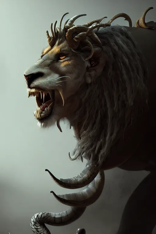 Image similar to The chimera a terrifying mixture of a lion, serpent, and goat, illustration, soft lighting, soft details, dark mood, painting oil on canvas by Cedric Peyravernay octane render trending on artstation d&d characters, 4k, 8k, HD