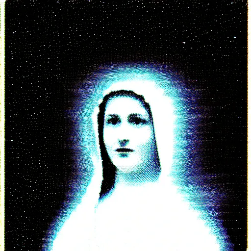 Image similar to vhs static overlay of marian apparition, vhs, 1 9 9 0, highly realistic, highly detailed, vhs noise static, black and white, vhs glitch