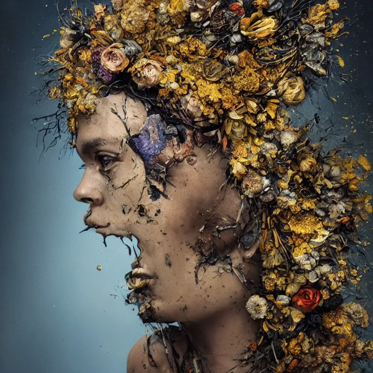 Image similar to A beautiful oil painting hyperrealism of a decayed black head, rotting black clay skin, gold flaked flowers, floral headdress, 8k resolution, octane render, Trending on artstation, by Gediminas Pranckevicius, volumetric light 2blue fractal Thunder glow by dan mumford, anaglyph effect, Laurie Lipton