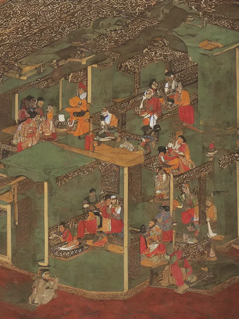 Image similar to ornate mughal painting of a Starbucks cafe