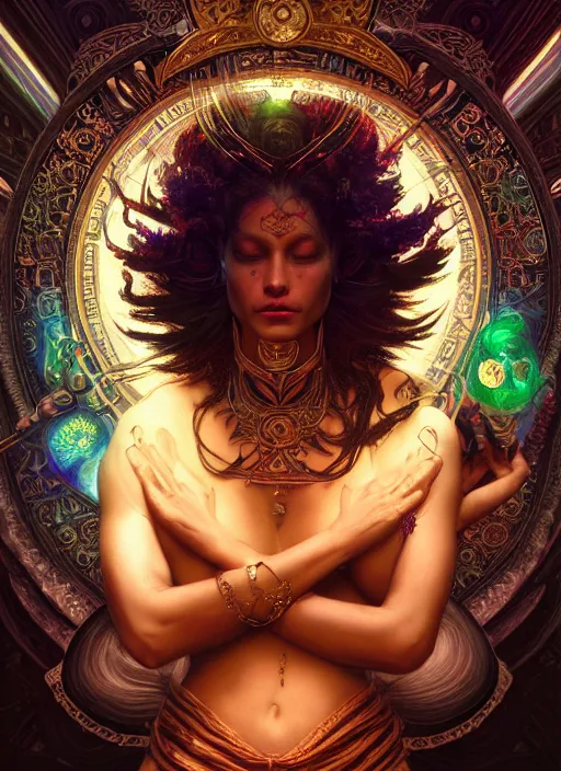 Image similar to Ayahuasca spirit divine cosmic female, chaos energy, glyphs, magic, artstation, high contrast, dramatic lighting, cgsociety, very detailed, intricate, detailed illustration, by artgerm and greg rutkowski and alphonse mucha, octane render, unreal engine, hyperrealism