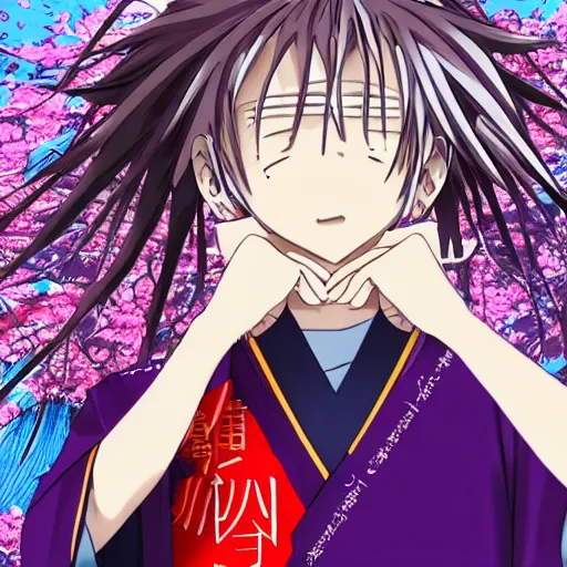 Image similar to anime teenager boy with straight indigo hair, purple eyes with red eye markers, slim body, wearing a detailed Japanese kimono, holding a japanese fan, Super-Resolution, HSL, 2-bit, VR, Uniform, Nano, Senary, RTX, insanely detailed and intricate, hypermaximalist, elegant, ornate, hyper realistic, super detailed, full body, full body shot, full image