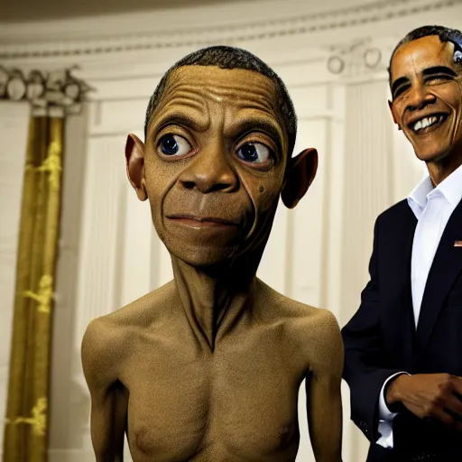 Image similar to Obama standing next to Gollum. Photo 8K