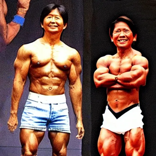 Prompt: BongBong Marcos as a bodybuilder in a gym flexing his huge muscles