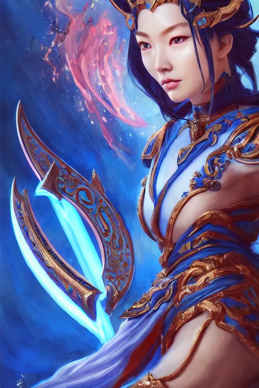 Image similar to a masterpiece portrait of nezha, legendary god holding spear, blue flame everywhere, epic pose, fantasy character portrait, closeup shot, hyper detailed, digital painting, 8 k realistic, trending on artstation, sharp focus, dof, by fenghua zhong, artgerm, ne zha from smite, tsuyoshi nagano, raymond swanland